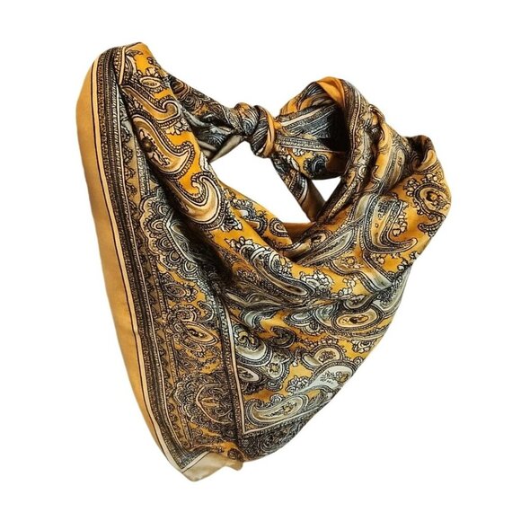 Gold Black Paisley Silk Scarf Western Wild Rage Boho Chic Square Lightweight Ret - Picture 1 of 7